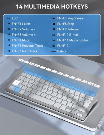 TECKNET 2.4G Wireless Keyboard, Small Keyboards with Media Hotkeys, Ultra Slim Compact Wireless Keyboard, 12-Month Battery Life, Compatible with PC, Desktop, Laptop, Smart TV - Silver