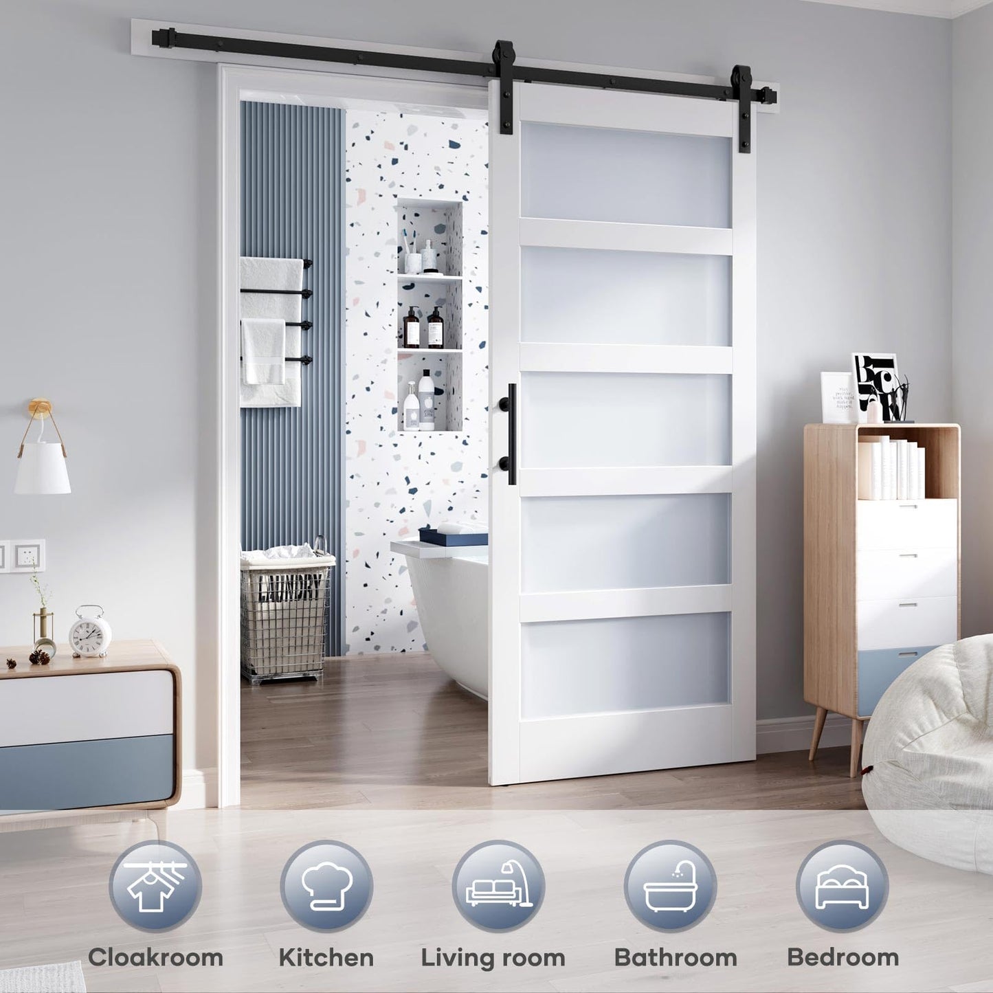 ROYMELO 38x84 Inch Glass Sliding Barn Door Slab and 6.6ft Hardware Kit Included, 5 Frosted Glass, LVL Wood Panel Covered with White Water-Proof Scratch-Proof PVC Surface, Simple DIY Assembly