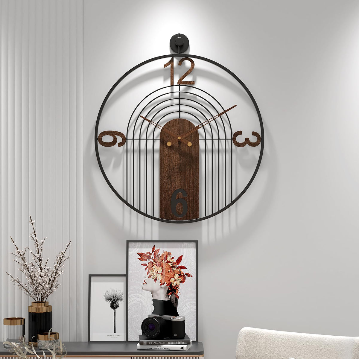 VIVIFLYSE Modern Large Walnut Dial Wall Clock, Wood Metal Frame Silent Non Ticking Wall Clocks Decoration for Living Room, Bedroom, Kitchen, Study, Handmade Home Decor Present Idea, 22 Inch