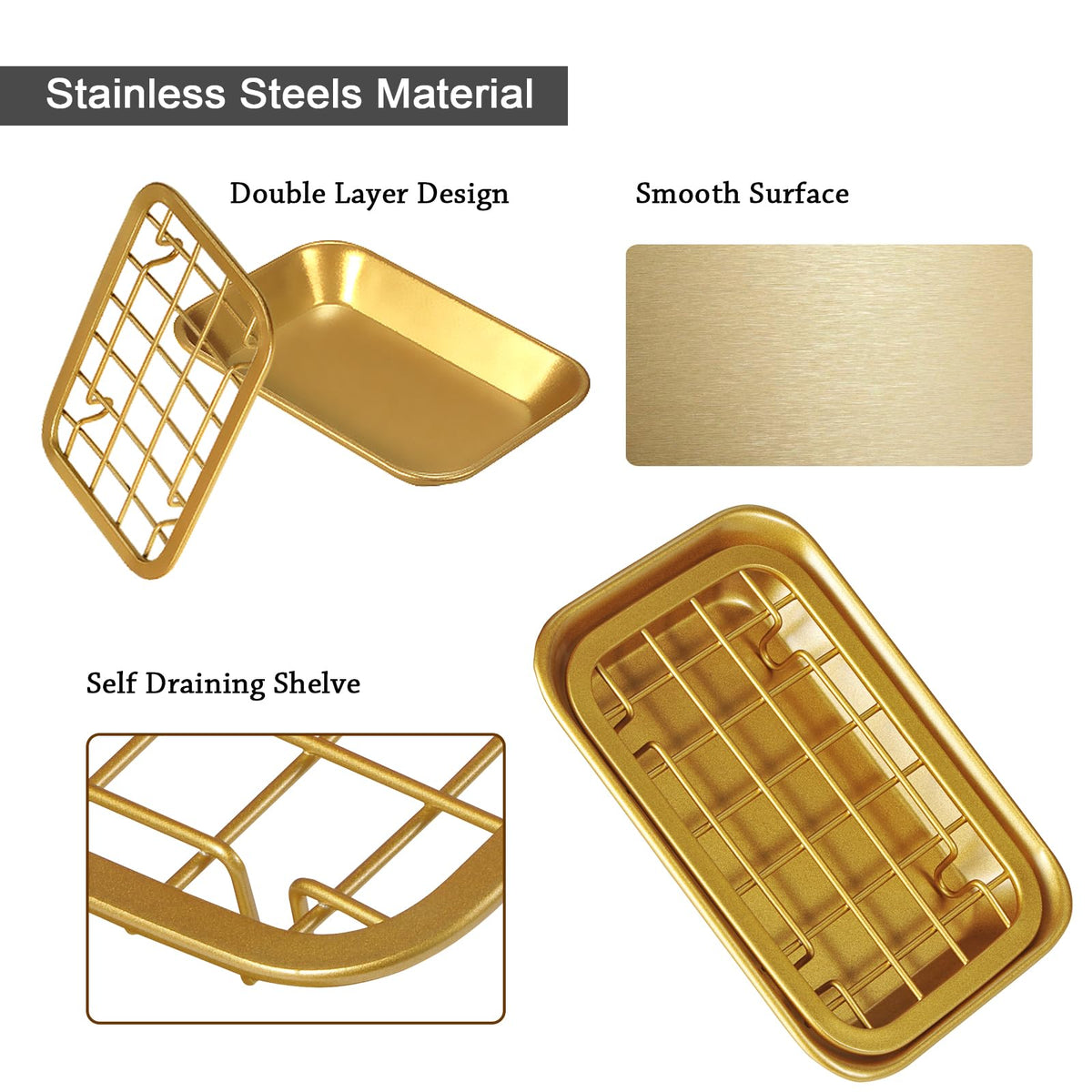 Kitchen and Bathroom Soap Dish Tray - Metal 2-Piece Soap Dish Tray with Drainage Grid and Holder for Kitchen Sink Countertops to Store Soap, Sponges, Scrubbers - Rust Resistant (2 Pack, Gold)