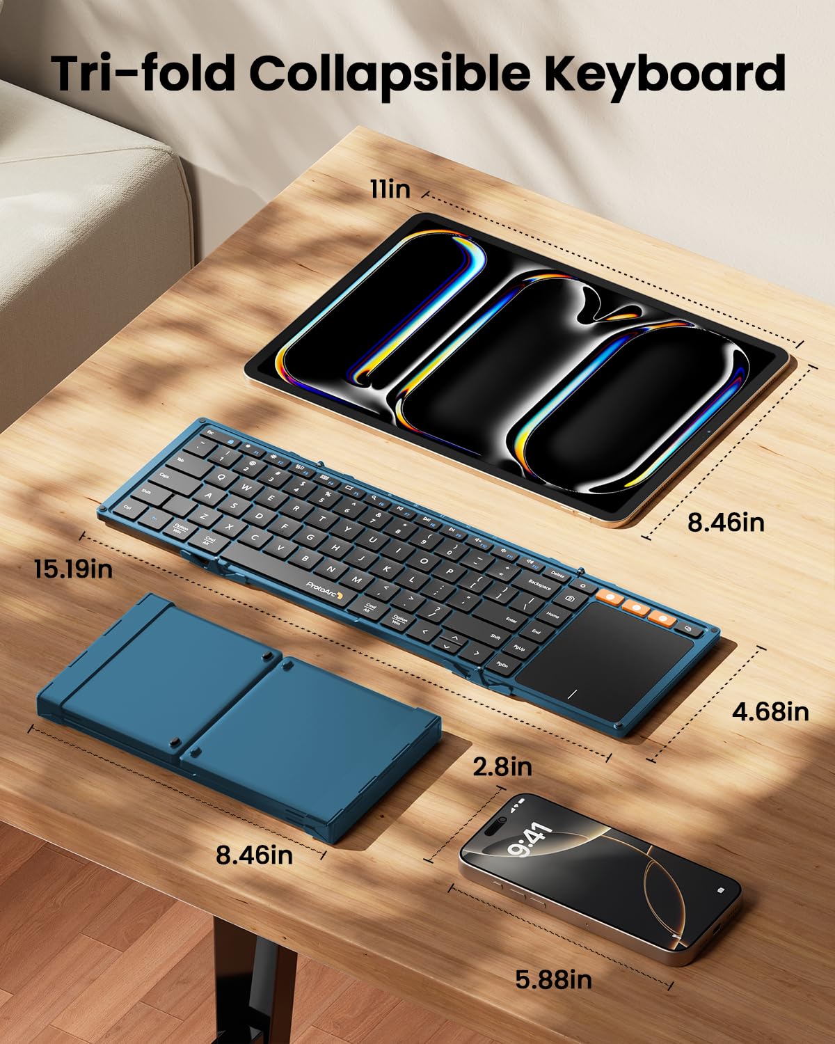 ProtoArc Foldable Keyboard with Touchpad, XK01 TP Folding Portable Keyboard, Full Size Keys, Large Trackpad Bluetooth Travel Keyboards for Laptop PC Tablet - Black