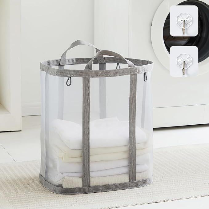 Mesh Laundry bag with Handles, 42L Collapsible Laundry Basket with 2 Hooks