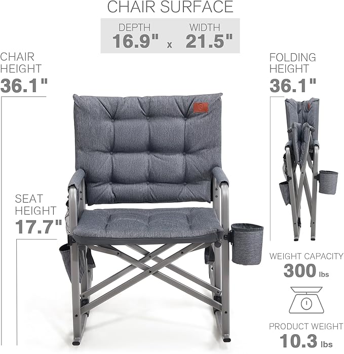 EVER ADVANCED Lightweight Folding Rocking Camping Chair, Padded Portable Rocker Chair for Patio, Lawn and Outdoors, Heavy Duty Hard Armchair for Adults, Grey