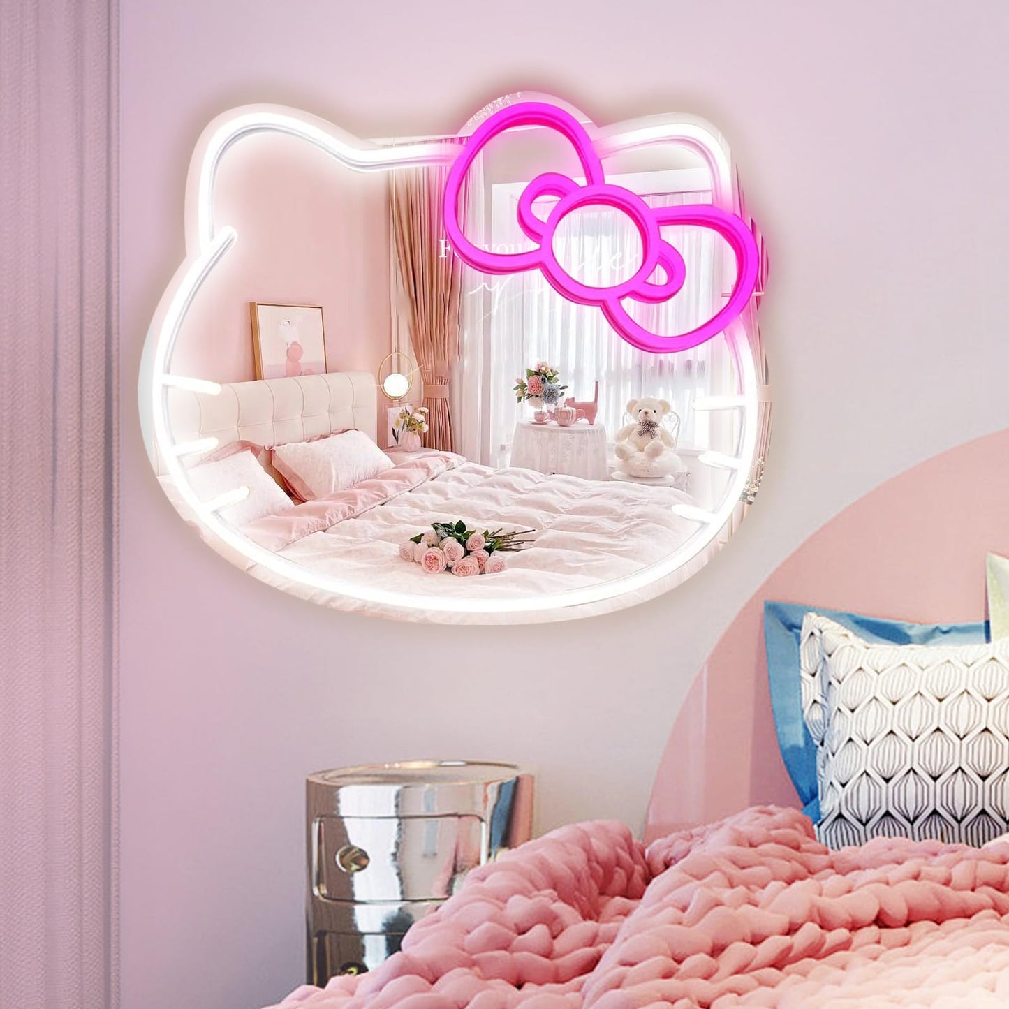 Anime Hello Kit Mirror with Light Neon Signs for Wall Decor, Dimmable for Teen Girl Gift，Makeup Mirror neon Sign Room Decor (16.1 * 14 inch)