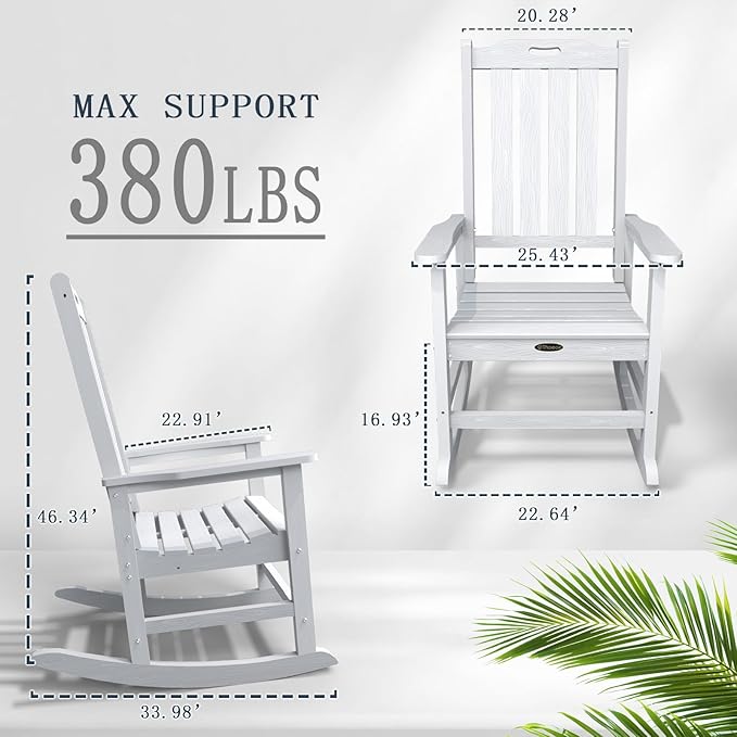 Oversized Rocking Chair Set of 4, Outdoor Rocking Chair for Adults, All Weather Resistant Porch Rocker for Lawn Garden, White