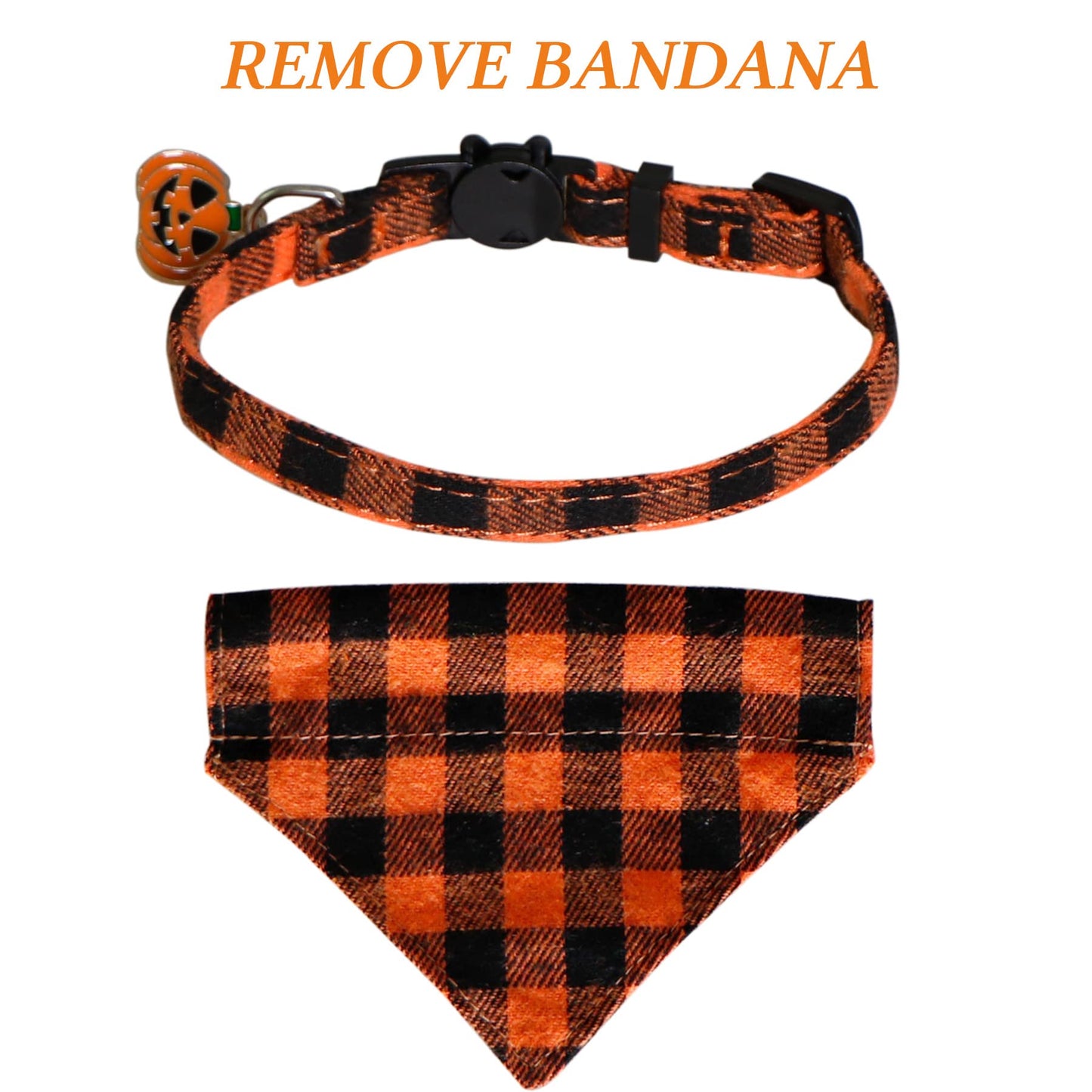 STMK 2 Pack Halloween Cat Bandana Collar with Bell, Breakaway Halloween Cat Kitten Bandana Collar with Bell Pumpkin for Halloween Cats Kittens Costume Decorations, Orange and Purple