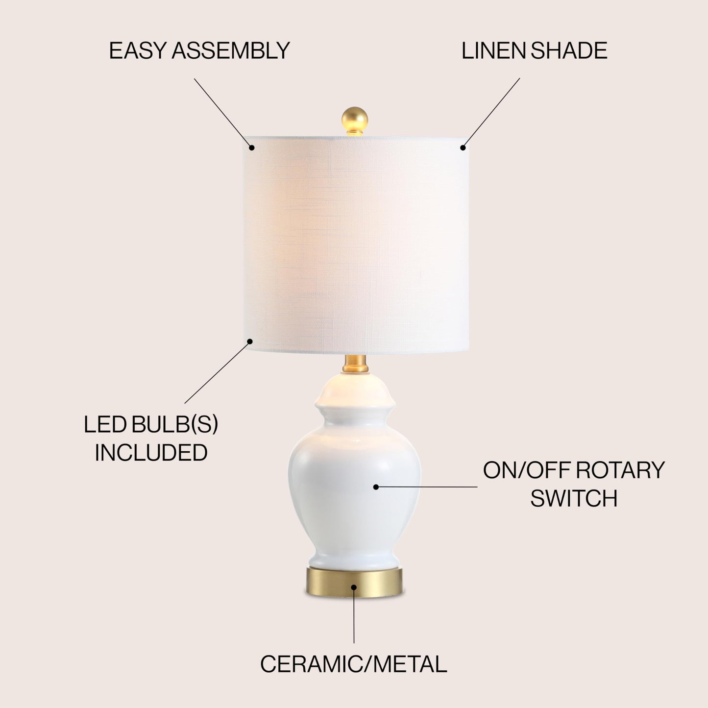 JONATHAN Y 20" White Textured Ceramic and Brass Gold Table Lamp, Glam Bedside Nightstand Lamp for Living Room Bedroom, White Linen Shade, LED Bulb Included JYL1035A