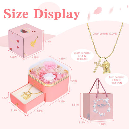 Preserved Pink Rose with Cross Golden Necklace,Eternal Rose Gift Set in Premium-Quality Pink Gift Box,Atmospheric Pink Setting for Mother’s Day,Birthday,Anniversary,Graduation,Valentine’s Day