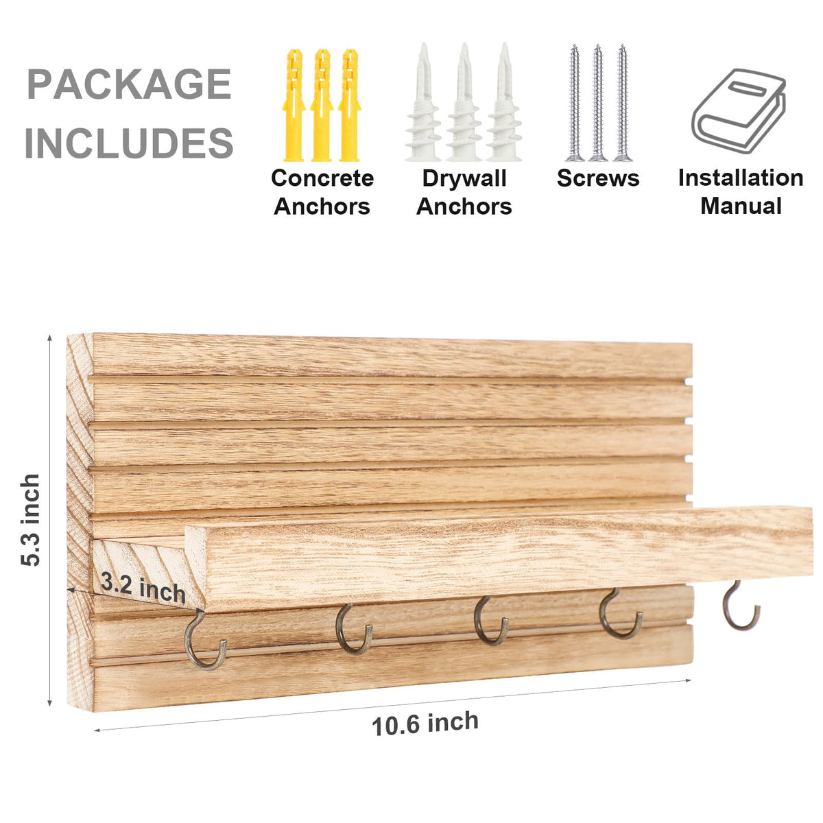 Lwenki Decorative Key Holder for Wall with Shelf, Entryway Shelf with Hooks Holds Leashes, Jackets and Glasses – Sturdy Wood Keyholder Entrance Hanger with Mounting Hardware (Wood, Medium)