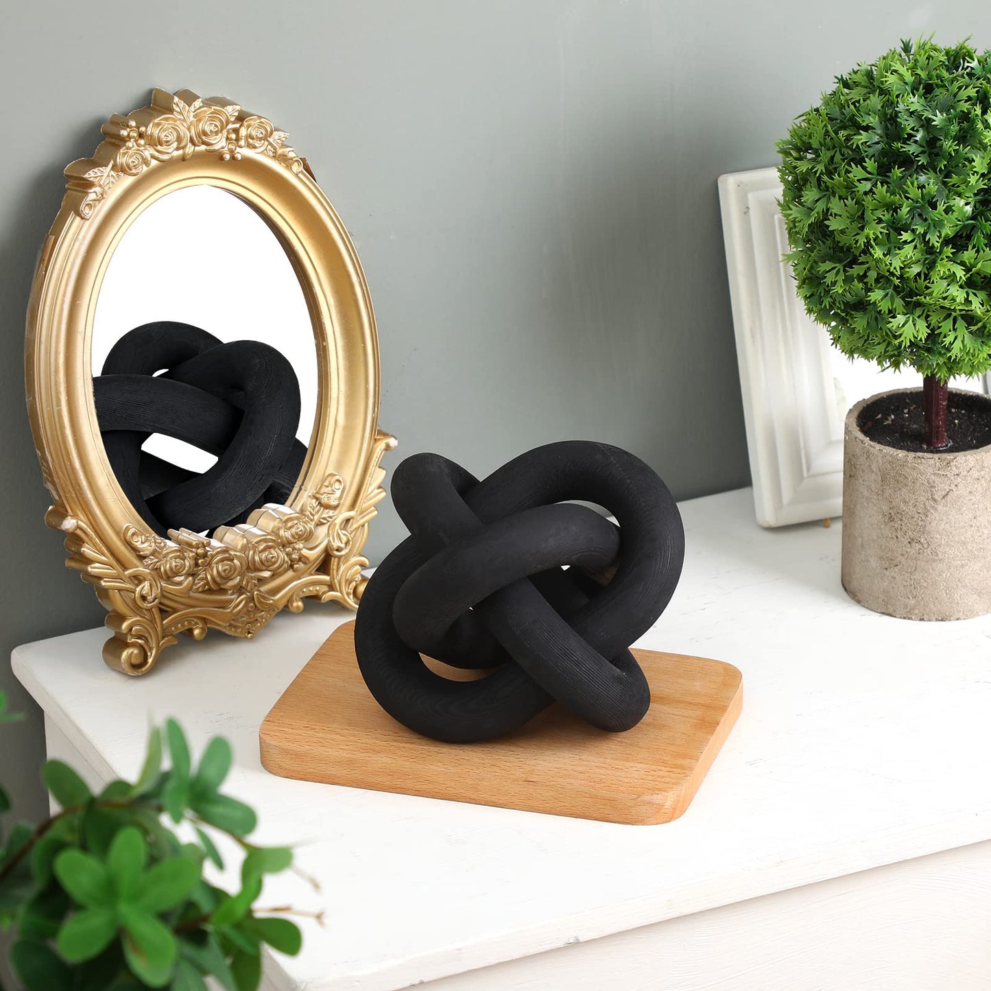 Yalikop 3 Link Wood Knot Decor Rustic Home Décor Accents Hand Carved Coffee Table Decoration, Boho Chain Link Decoration, Modern Shelf, Rustic Objects for Home Living Room Bedroom(Black)