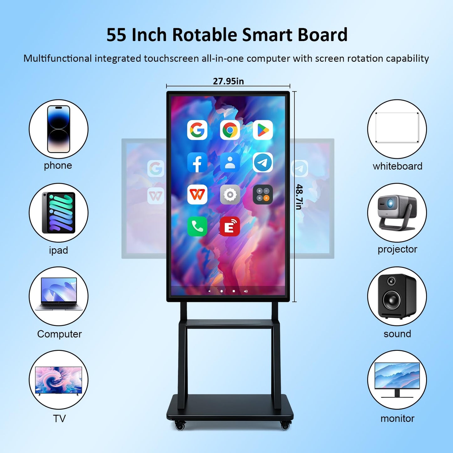 55" Smart Board, Electronic Interactive Smartboard for Classroom, Screen Mirroring, Android iOS 12, Digital Whiteboard for Presention Annotation Live Streaming(Wall Mount Included)