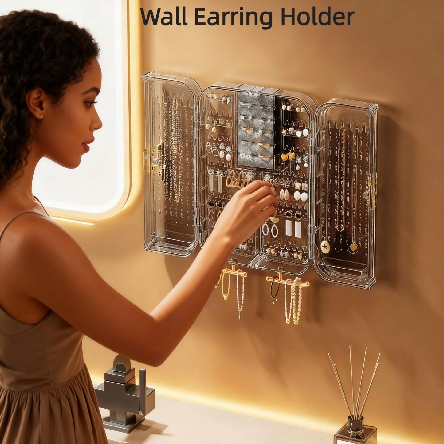 WEIKIMFF Wall Mounted Jewelry Organizer -No Punching Foldable 4-Compartment Earring Holder for Necklaces, Rings, Bracelets | Jewelry Holder Wall for Women & Girls (Gray)