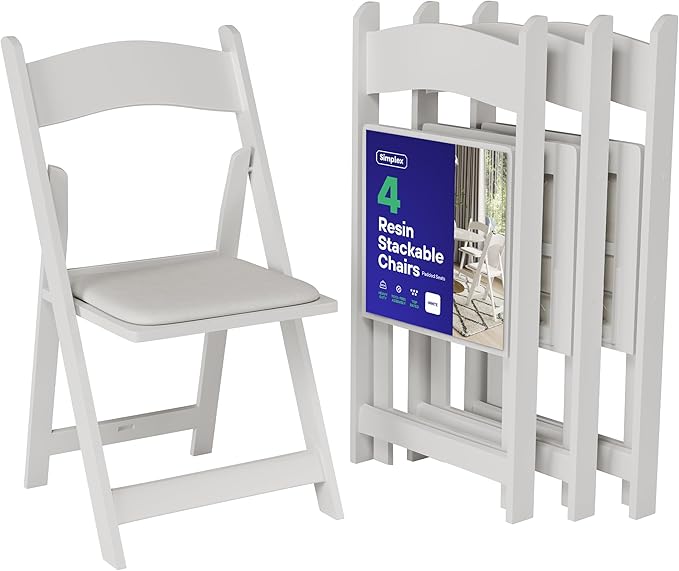 SIMPLEX 4 White Folding Chairs – Resin Stackable Foldable Chairs with Padded Seats – Comfortable White Folding Chairs for Indoor/Outdoor Events – Lightweight Resin Chairs (4 Pack)