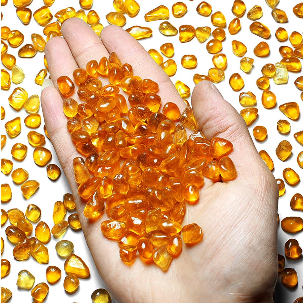 Glass Stones, 1Lb/460g Irregular Sea Glass Pebbles Non-Toxic Artificial Crystal Stones for Vase Filler/Aquarium Decoration/Gems Displaying/Wishing Bottle Making, Orange