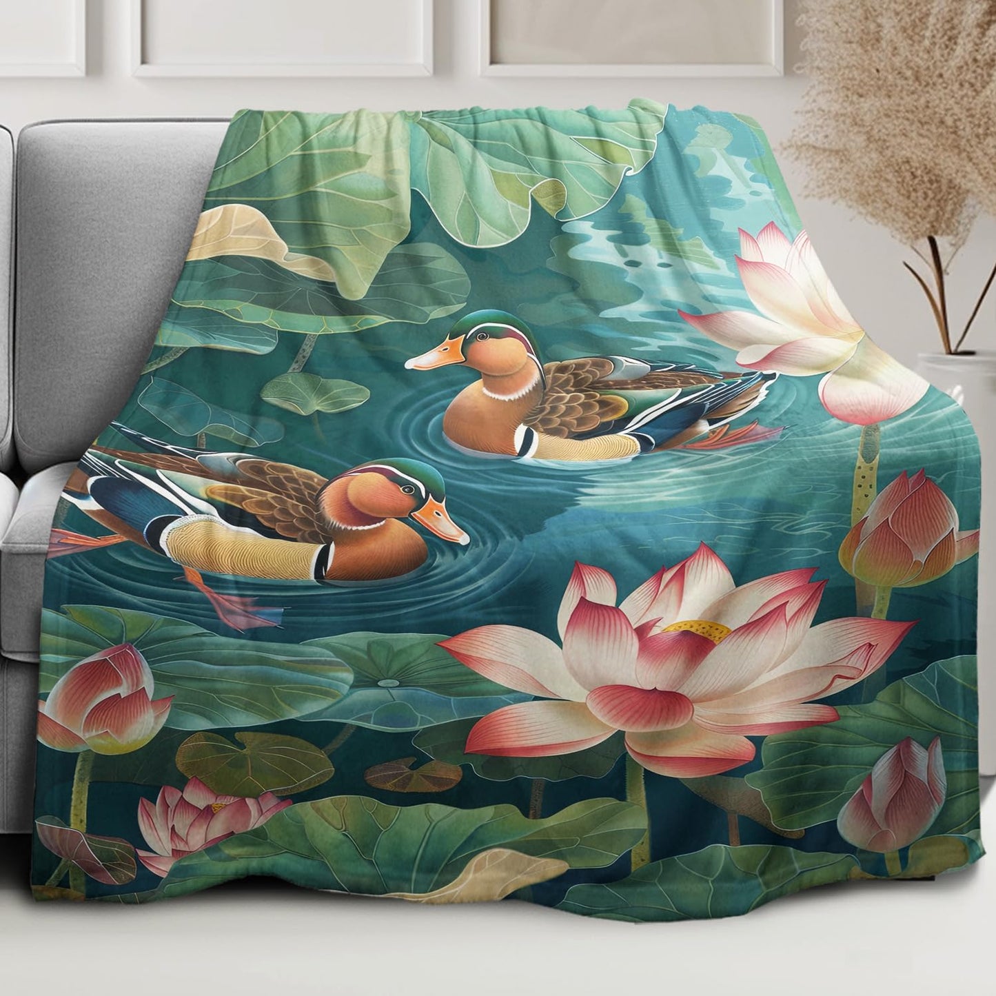 Lotus & Mandarin Ducks Blanket, Traditional Art Home Decor, Super Soft Fleece Throw Blankets for Couch Sofa Bed, 50" x 60"