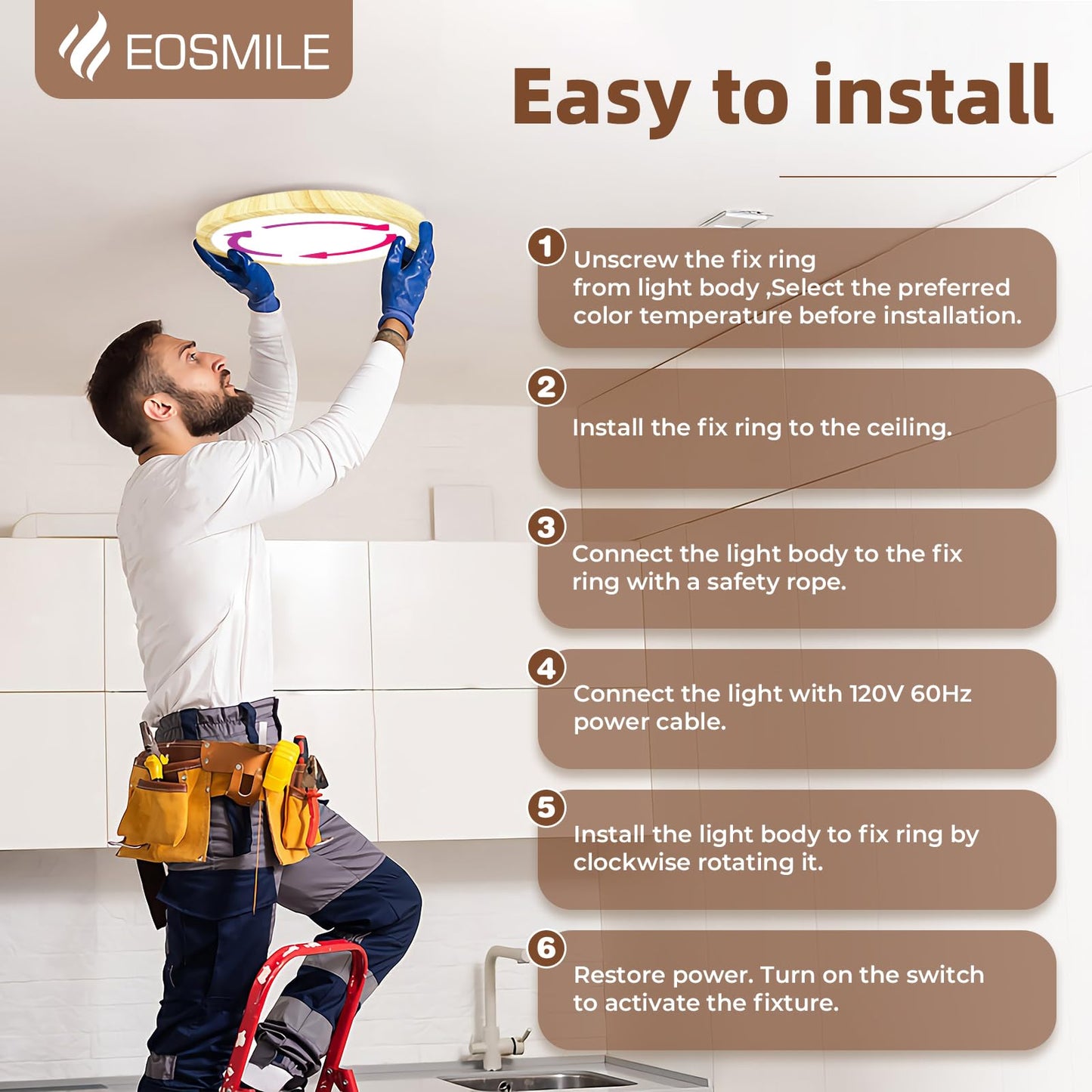 EOSMILE 12 Inch Wood Grain LED Flush Mount Ceiling Light, 25W, 3000LM, CRI 95+, 2700K-5000K 5-Color Selectable & Dimmable, Thin Flat Surface-Mounted Fixture for Bedroom, Hallway, Living Room