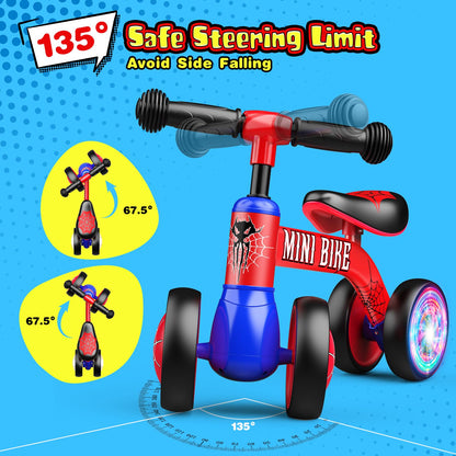 Aetyni Baby Balance Bike 1-2 Year Old: Spider Toddler Bike Baby Bike for 10-24 Month with Colorful Lighting & 4 Wheels First Riding on Toys Spider Easter Birthday Gifts for One Year Old Boy Girl Gifts