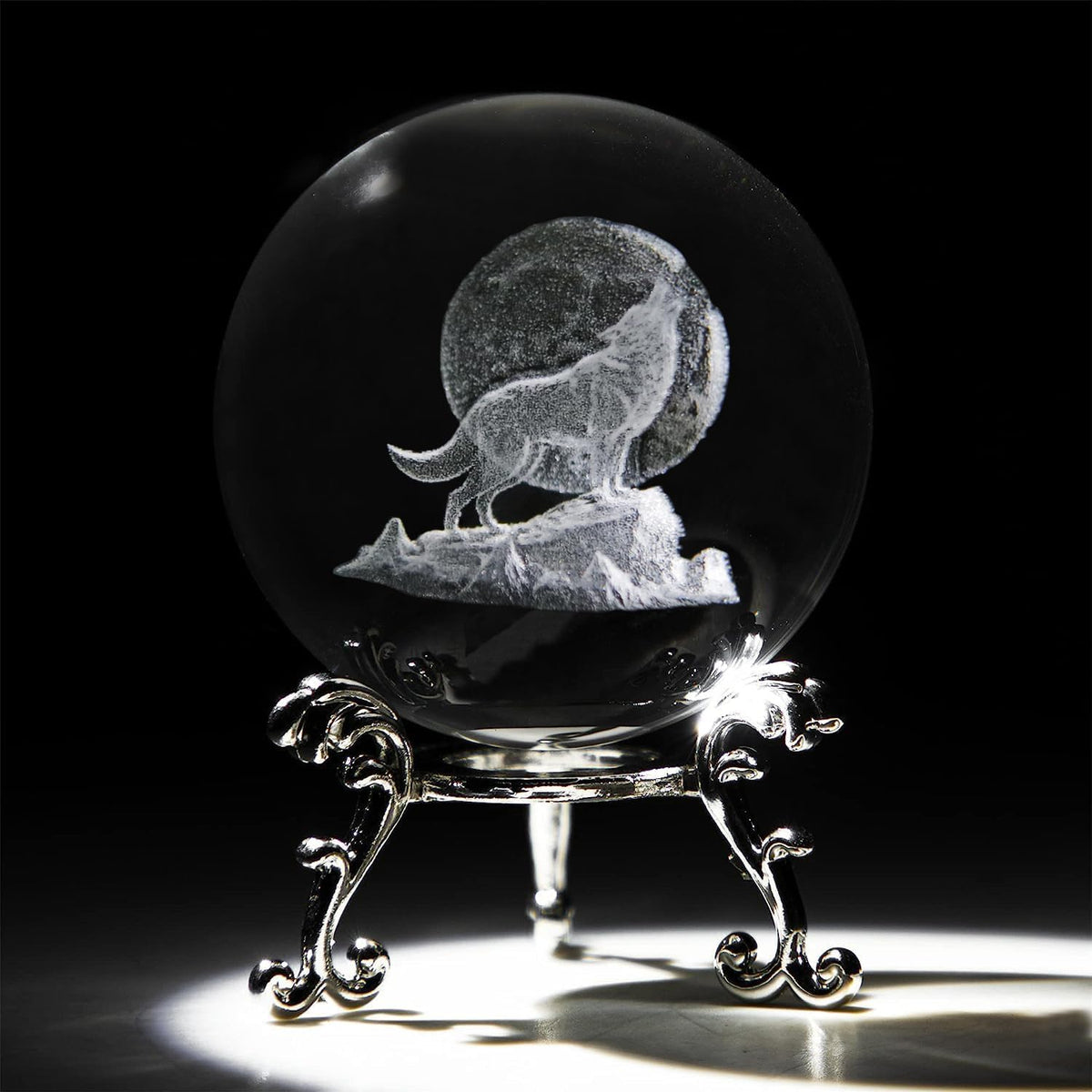 vskikris 2 Crystal Balls with Silver Stands - 3D Laser Engraved Wolf & Moon & Clear Crystal Sphere Set, Decorative Paperweights, Home & Party Decor, Photography Props, for Men & Nature Lovers