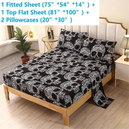 SDIII 4PCS Sugar Skull Sheets Set Full, Soft Microfiber Gothic Bedding Skeleton Sheet Set, Goth Skull Halloween Sheets Full Deep Pocket Hotel Luxury
