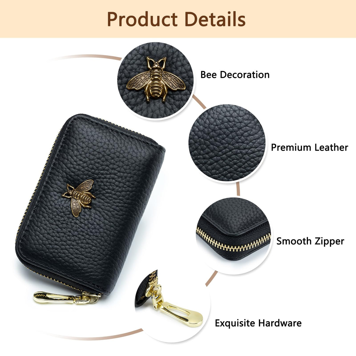 imeetu RFID Credit Card Holder, Small Leather Zipper Card Case Wallet for Women (Lite,Black)