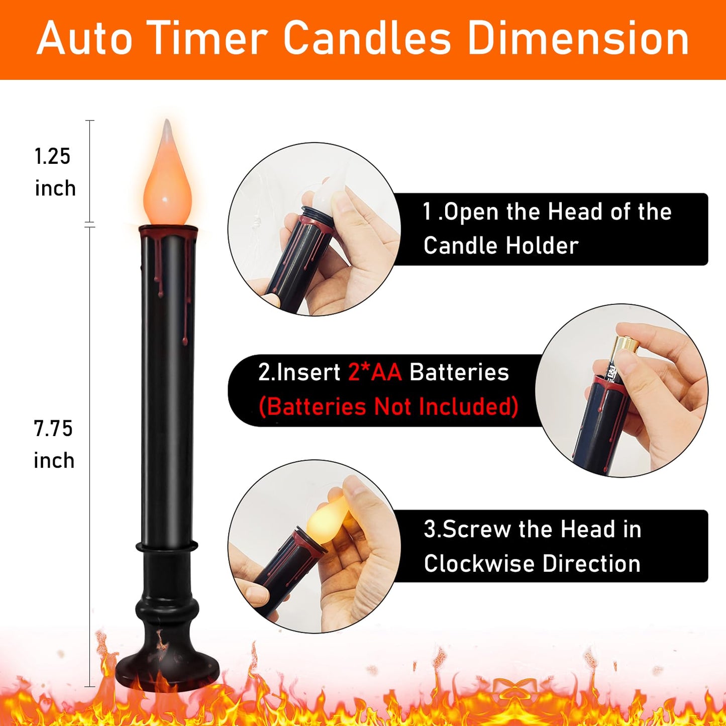 SUNSGNE 9'' Halloween Window Battery Operated Candle Lights with LED Flameless Flicker Lights, Black Candles Automatic Timer Lamps for Indoor Windows Dining Table Decor, Pack of 10