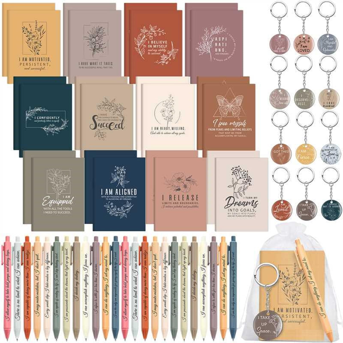 Mooliwe 24 Set Positive Affirmation Gift Set Gratitude Notebooks with Pens Acrylic Keychains Small Bags Motivational Notepads for Women Coworkers Christmas Adults Party Favors (Vibrant)