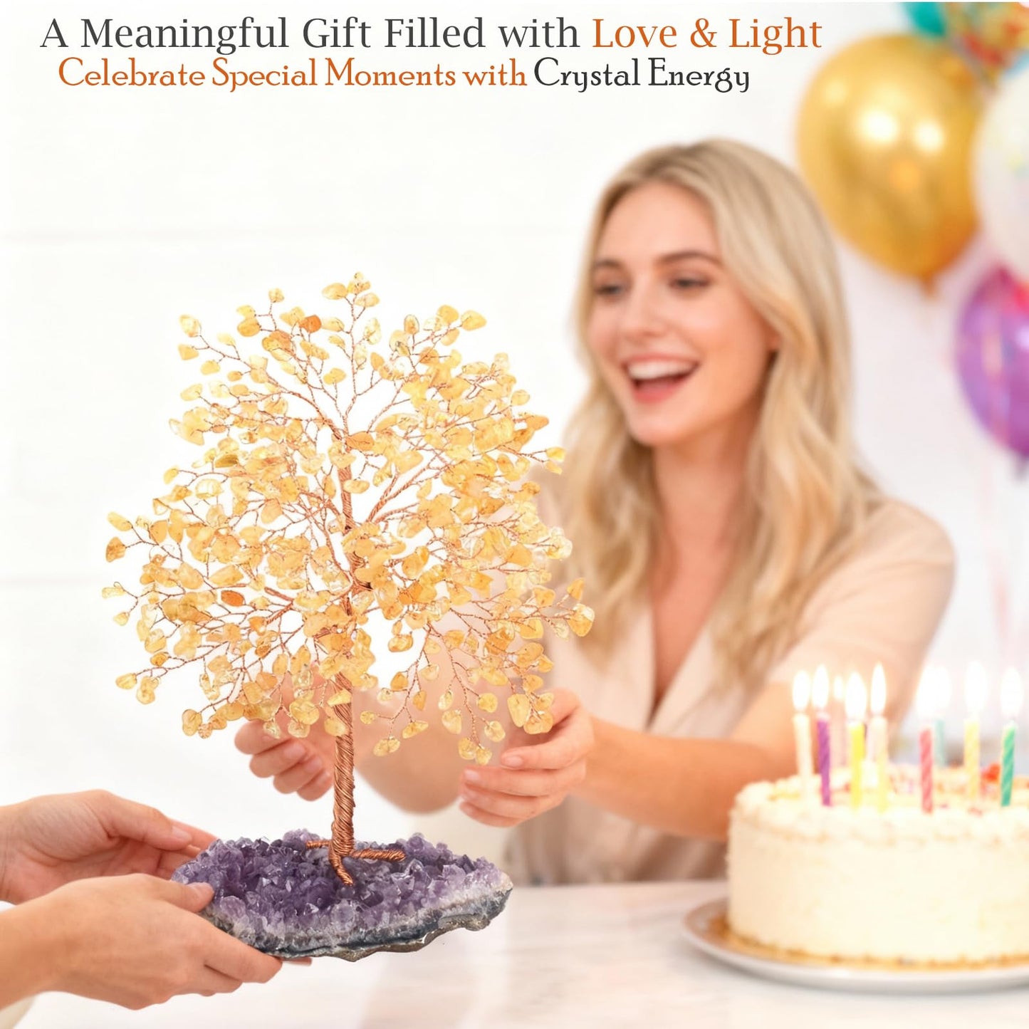 MASGEMES Gemstone Crystal Tree of Life,Natural Citrine(406 Stones Count) with Amethyst Cluster Base,Chakra Healing Crystals Positive Energy Fengshui Bonsai Money Tree Gift 8.5"-9"
