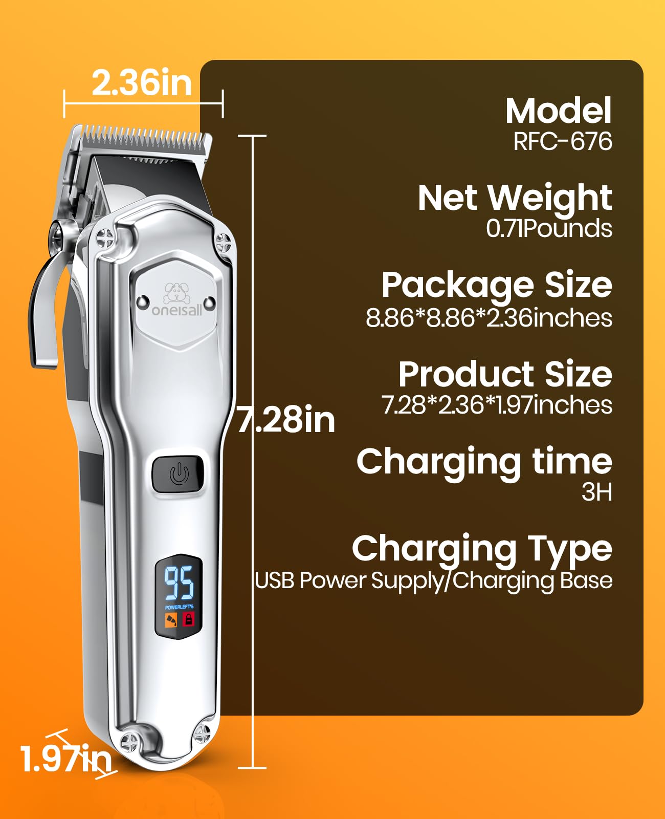 oneisall Cordless Dog Clippers - Rechargeable Grooming Kit with Metal Combs, Low Noise Heavy-Duty for Thick/Curly/Fine/Wavy Hair