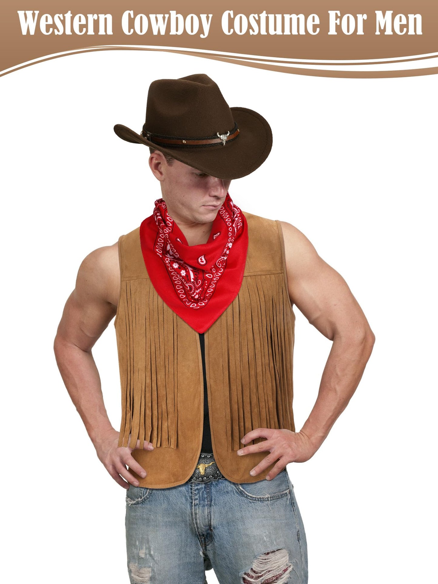 Toulite 4 Pcs Western Outfits for Men Cowboy Tassel Vest Hat Belt Buckle Paisley Bandana for Halloween Cosplay (Brown, Coffee, Red,X-Large)