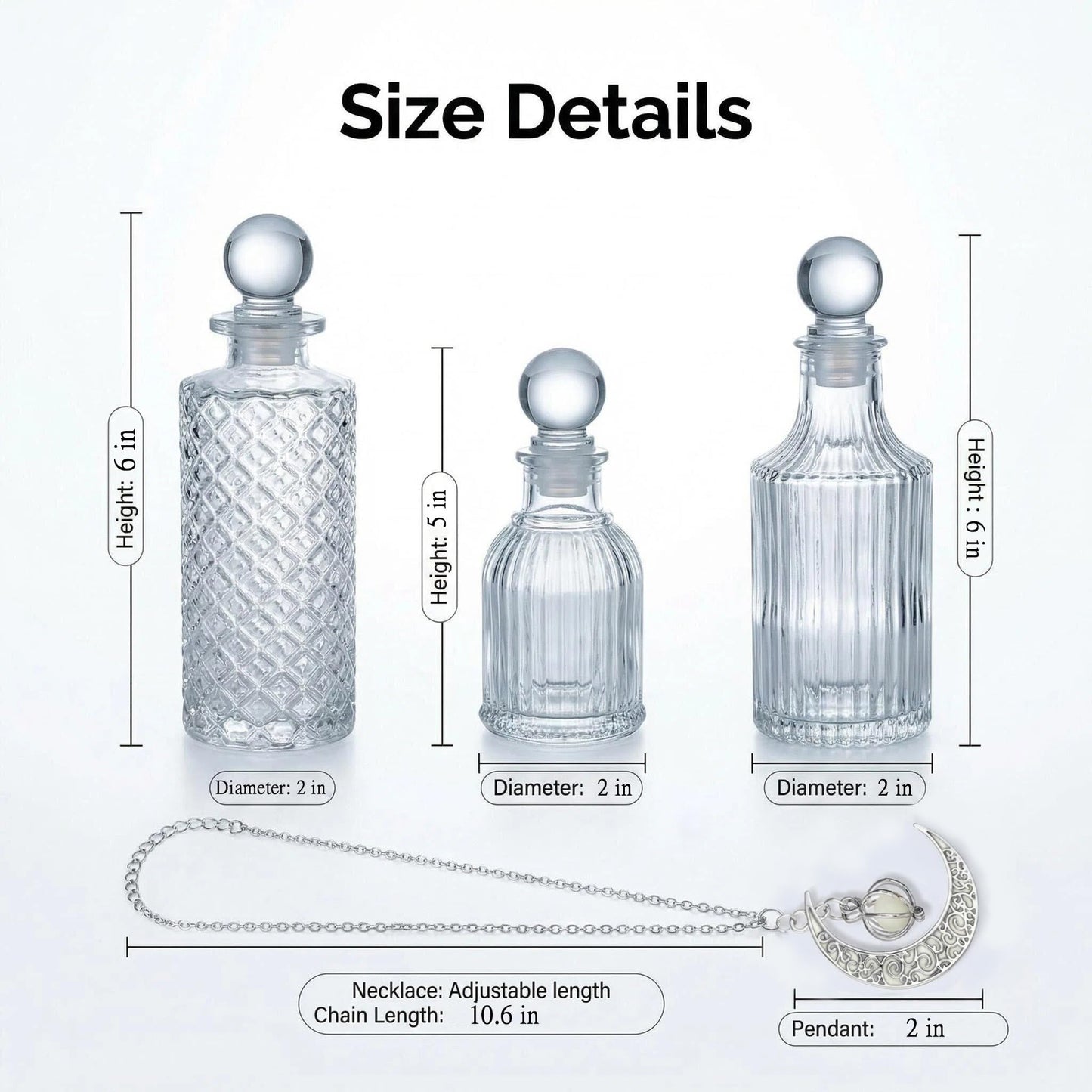 Moon Energy Glass Bottle Set with 3 Luminous Moon Pattern Necklace, Airtight Glass Jars for Crystal Cleansing, Rituals & Altar Decor Meditation Witchcraft with Leak-Proof Silicone Stopper