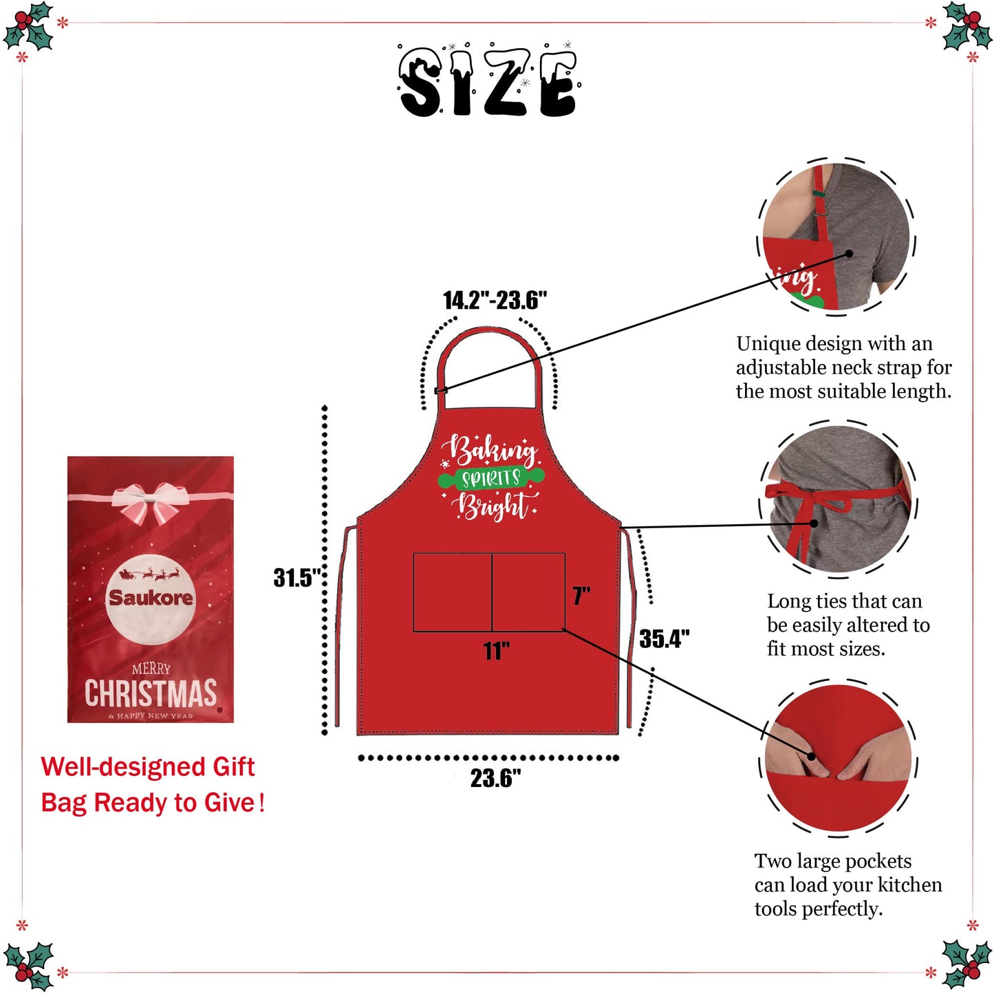 Funny Christmas Baking Aprons for Women Men, Holiday Baking Gifts for Bakers, Red Xmas Kitchen Cooking Aprons with 2 Pockets, Cute Thanksgiving Christmas Apron Gift for Bakers - Baking Spirits Bright