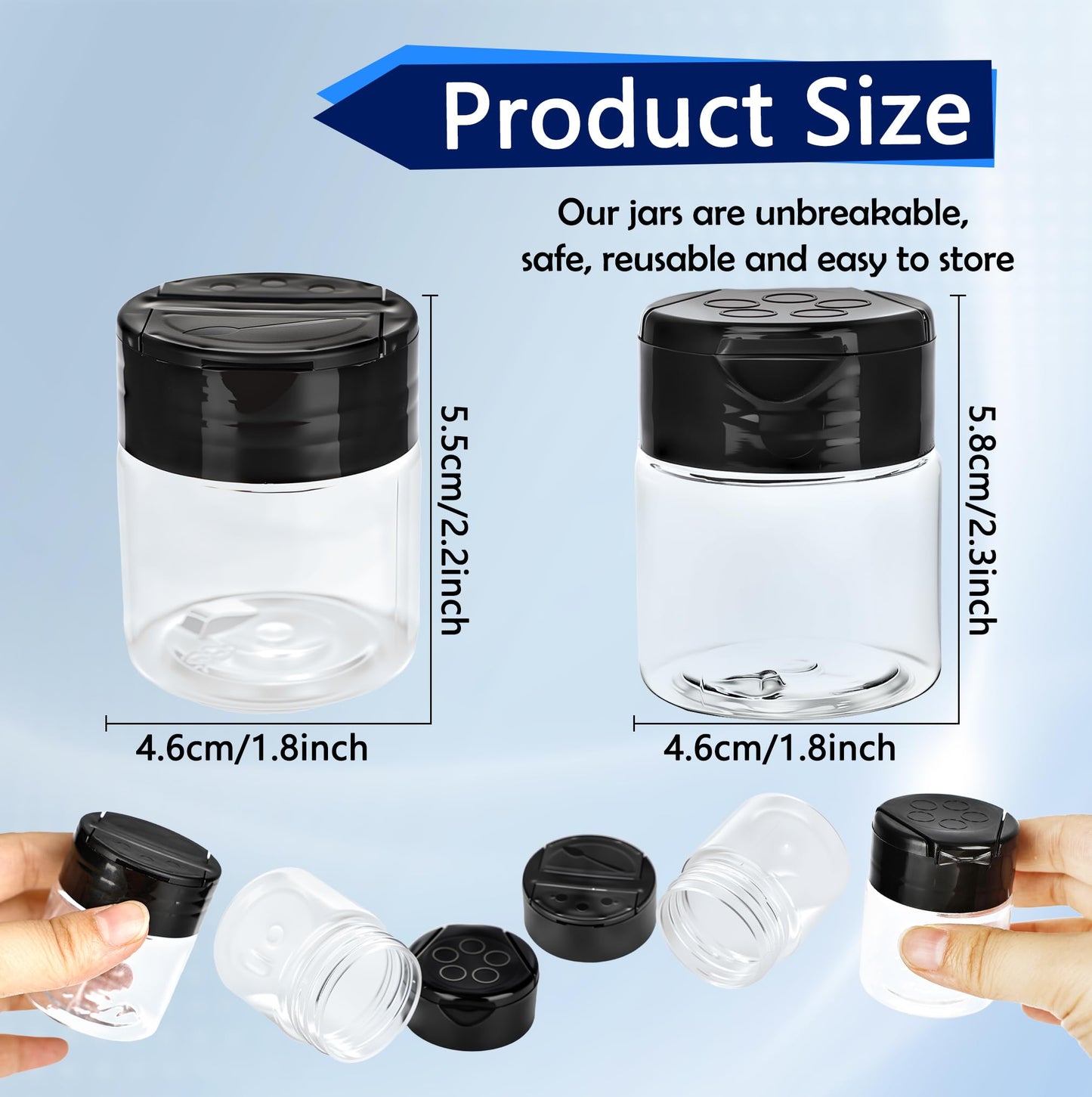 Conagel 30 Pack 1 oz Mini Plastic Spice Jars with Flip Caps Clear Empty Plastic Spice Bottles Round Food Safe Storage Containers for Kitchen Storing and Dispensing Salt Spice, 2 Styles