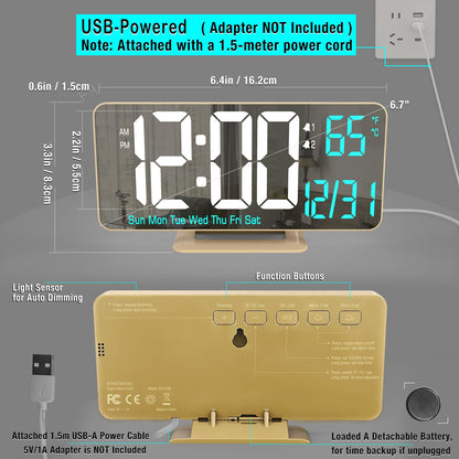 KOSUMOSU Dual Alarm Clock 6.7in Gold Desk Clock with Dimming, 12/24h, Seconds, Date, Day of Week, Temp, Digital LED Clock for Bedroom, Digital Calendar Clocks for Living Room Gold Desk Accessories