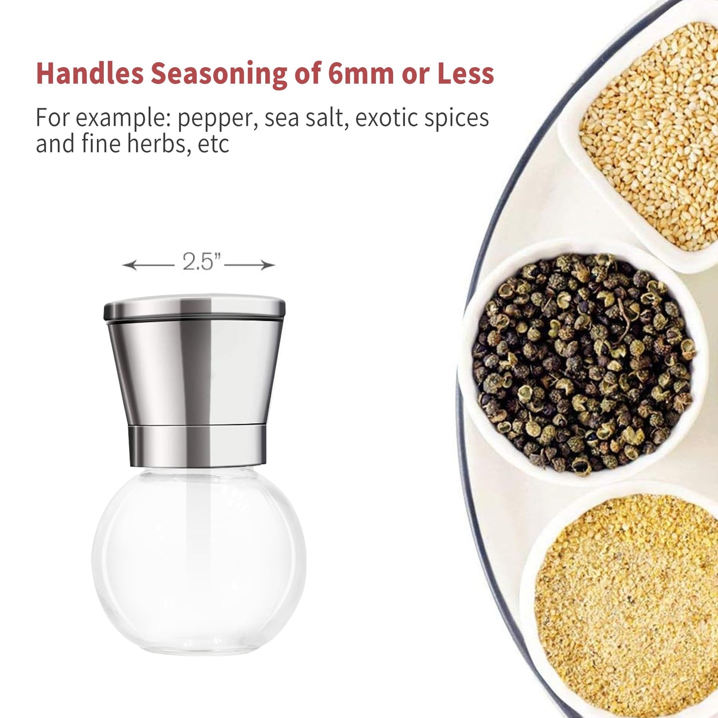 Bonris Stainless Steel Salt and Pepper Grinder Set of 2 - Round Design, Manual Operation, 5-Grade Adjustable Ceramic Coarseness for All Spices