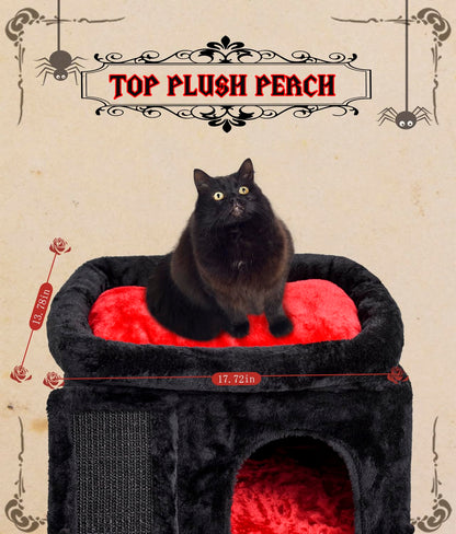 SYANDLVY Gothic Cat Tree with Coffin Bed for Indoor Cats, Cat Tower with Scratching Post, Modern Activity House for Large Cats, Condo with Board, Kittens Cave