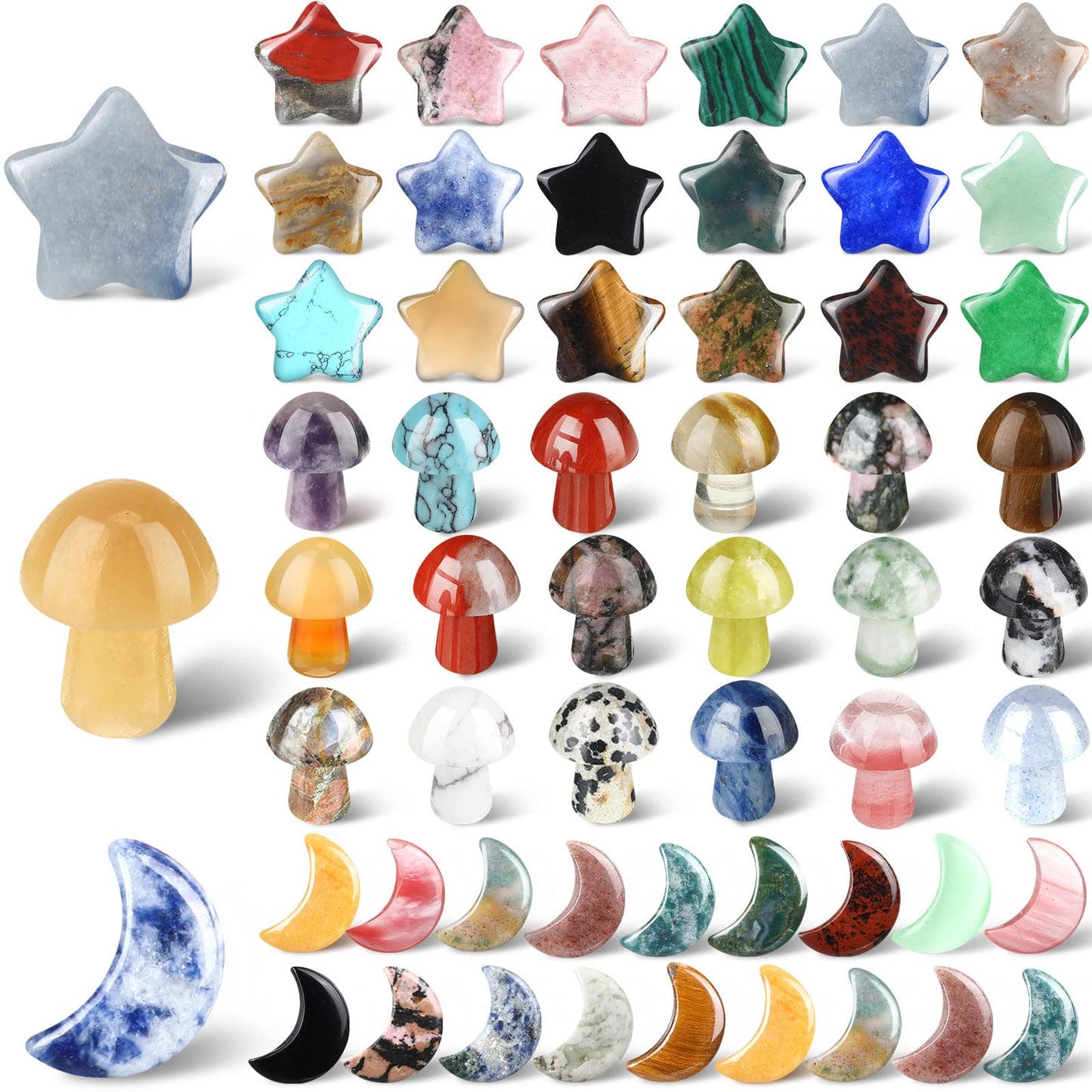 Nuenen 54 Pieces Worry Stones Mushroom Moon Star Shaped Crystal Bulks Mini Thumb Stones Sculpture Decor Gemstones and Crystals for Witchcraft DIY Meditation Balancing(Elegant Style)