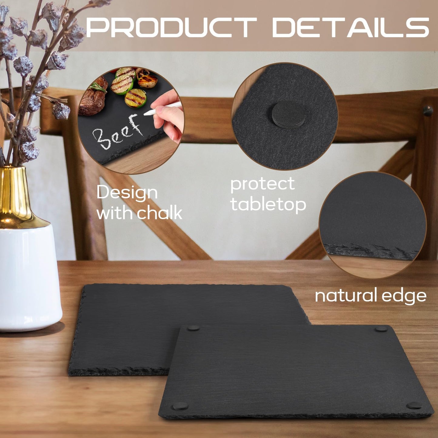 GOH DODD 12x12 Inch Set of 3 Large Slate Cheese Board, Charcuterie Boards Stone Slate Plates, Laser Engraving Blanks for Meat Fruit Appetizers Sussi Party Wedding Housewarming Gifts, Square