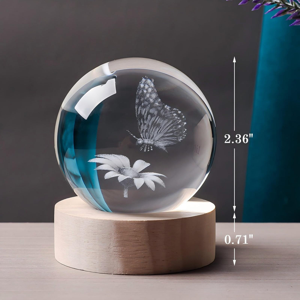 QIANRUNA 3D Butterfly 60mm Crystal Ball Butterfly Figurine Night Light Lamp Gifts for Women Wife Girlfriend Couple Her