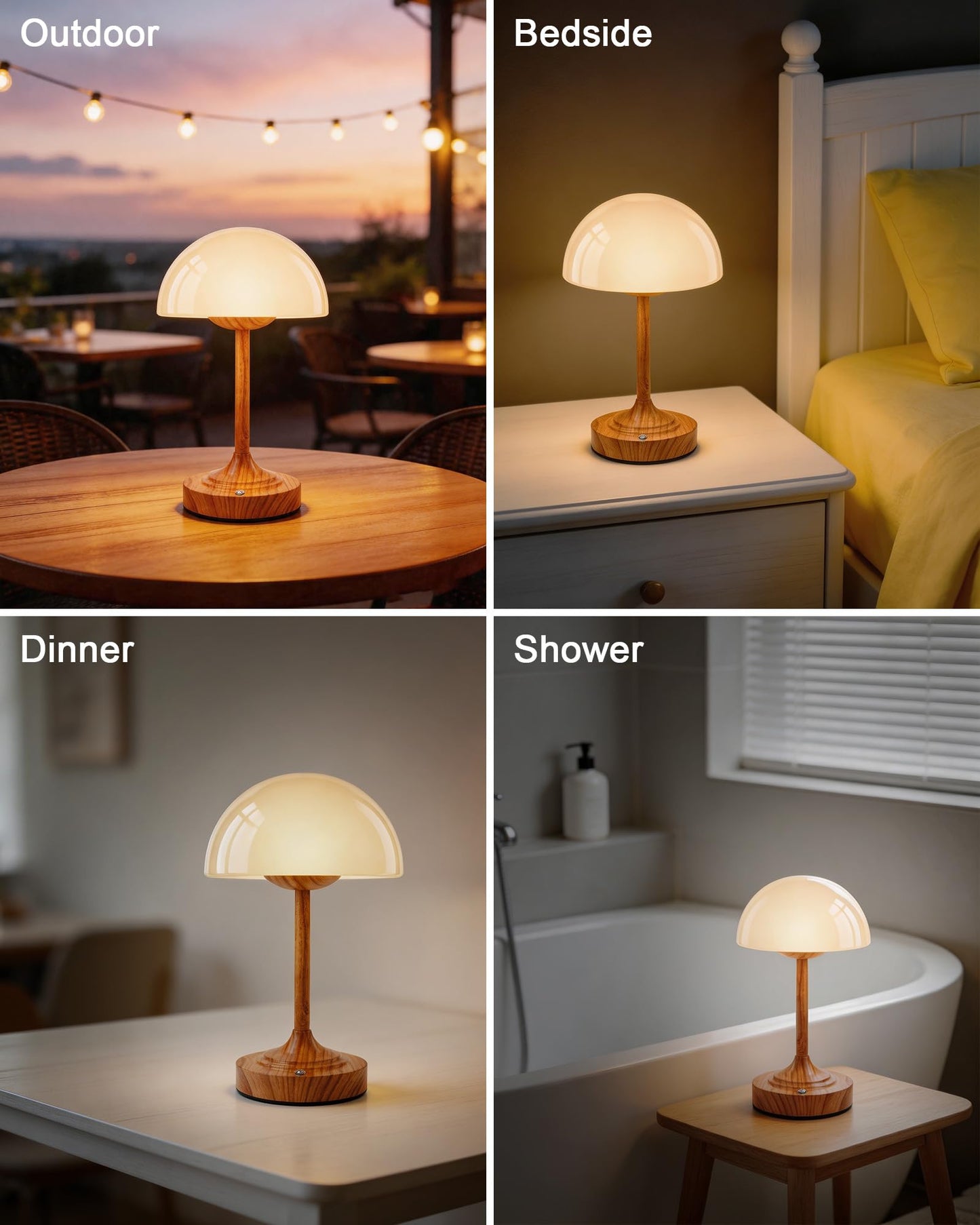 UMEXUS Cordless Mushroom Rechargeable Lamp with Waterproof for Shower, 11.8" H Small Portable Battery Operated Glass Table Lamp, Dimmable Touch Light for Bathroom Bedside Dining Table Kitchen Patio