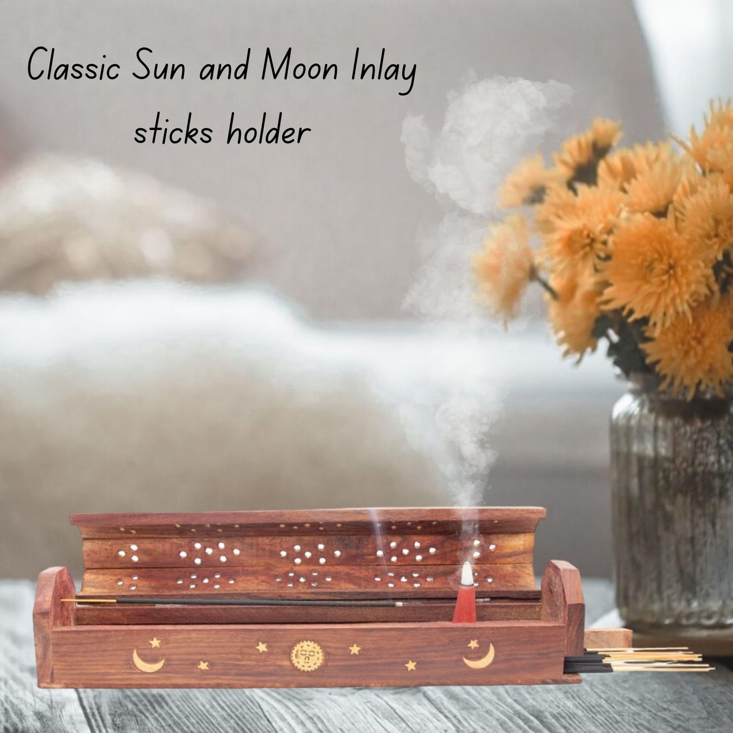 Vrinda® 2 Pack Handcrafted Wooden Incense Stick Holder with Sun and Moon Inlay - Ash Catcher for Meditation - Home Decor & Accessories, 12x2x1.5 inches