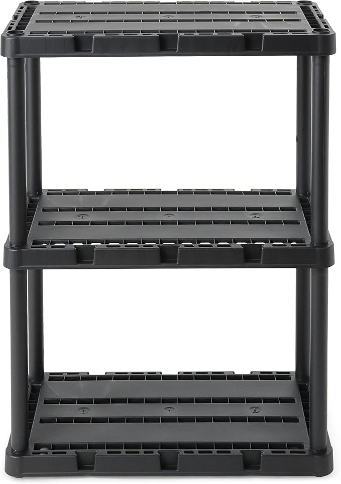 Gracious Living 4 Pack Light Duty Storage Shelves, Knect-A-Shelf 3-Shelf Ventilated Shelving Rack Organizer for Home, Garage, Basement, Laundry, Black