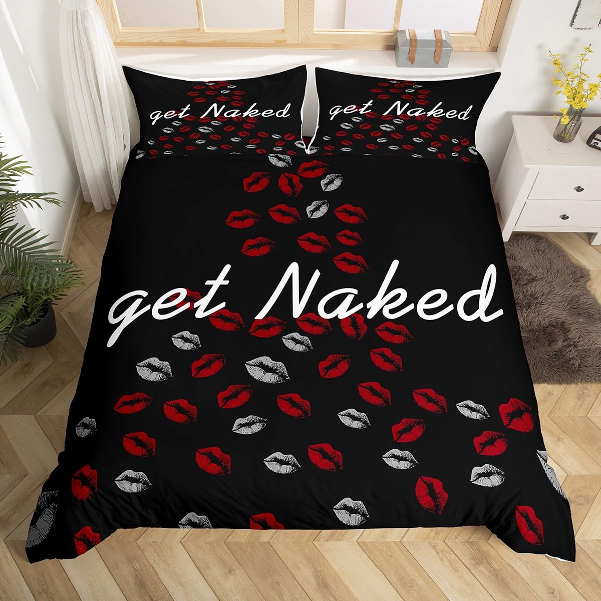 Feelyou Get Naked Duvet Cover Sexy Red Lips Bedding Set for Men Women Couple Lover Funny Quotes Kiss Comforter Cover Ultra Soft Decor Black and White Bedspread King Size Zipper (No Comforter)