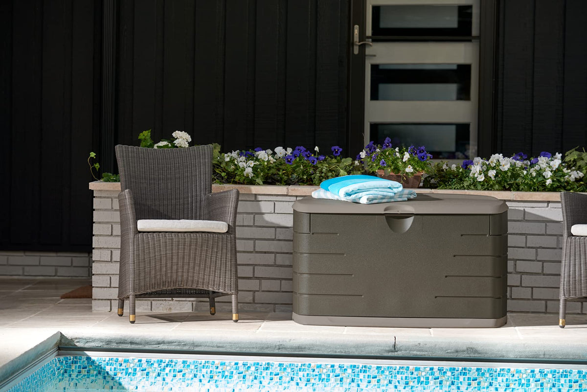 Rubbermaid Medium Resin Outdoor Storage Deck Box (73 Gal), Weather Resistant, Brown, Deck Organization for Home/Backyard/Pool Chemicals/Toys/Garden Tools/Porch/Patio Cushions