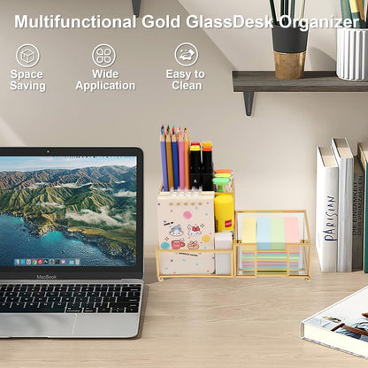 Shonmogar Desk Organizer with 3-Compartments,Glass Small Desk Organizer for Pens Pencils Business Cards Sticky Notes Paper Clips,Gold Stylish Pen Holder for Desk Home Office Decor