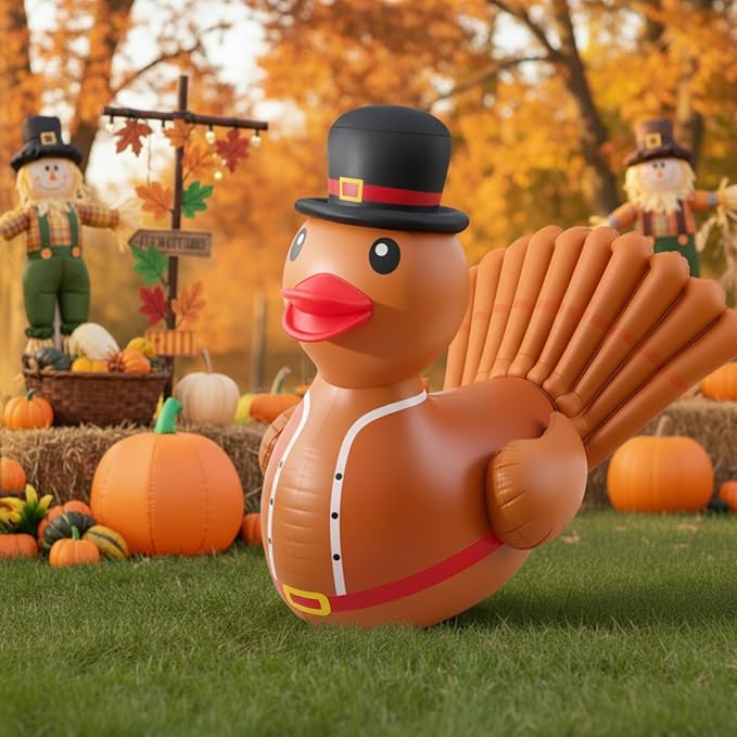 Hungdao 2 Pcs 4 Feet PVC Thanksgiving Inflatables Turkey Duck, Giant Thanksgiving Duck with Turkey Tail, Huge Blow up Rubber Decorations for Outdoor Indoor Lawn Pool Float Yard Fall Party Supplies