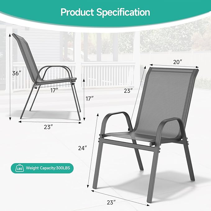 Patio Chairs Set of 6, All Weather Breathable Stackable Outdoor Dining Chairs with High Back and Wide Seat, Easily Set Up Outdoor Chairs Set of 6 with Metal Frame for Backyard Garden Pool, Grey