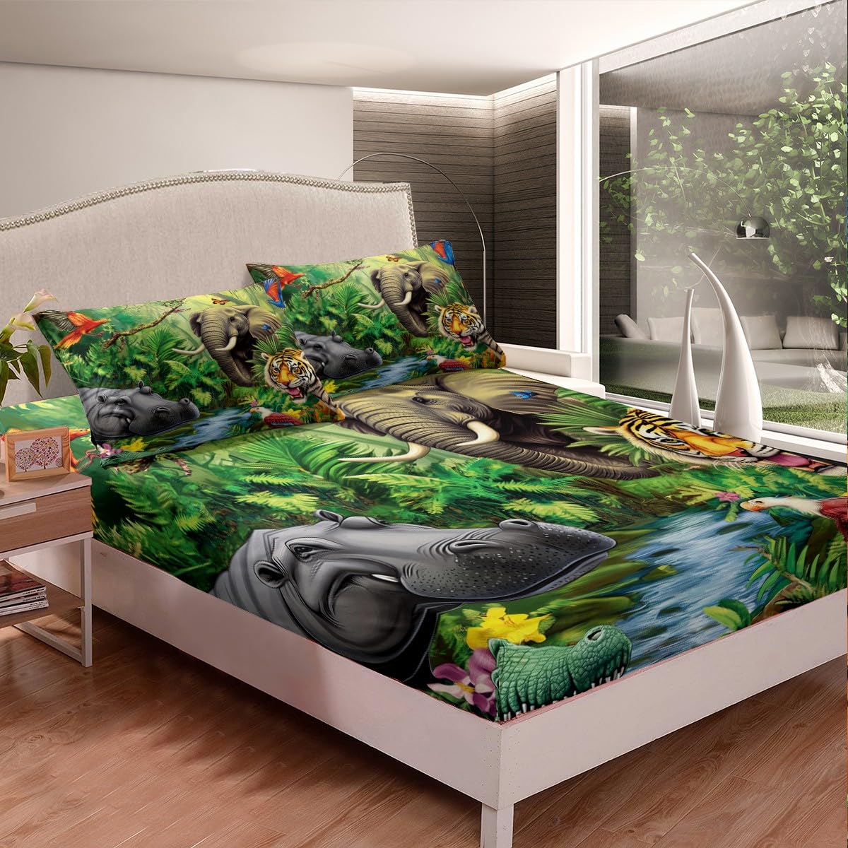 Jungle Animals Fitted Sheet Twin Crocodile Hippo Elephant Tiger Bedding Set African Safari Animal Printed Bed Cover Set Cartoon Zoo Theme Fitted Bed Sheets with 1 Pillow Case No Top Flat Sheet