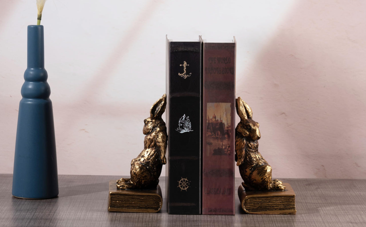Book Ends for Shelves to Hold Books Hevay Duty,Decorative Bookends for Bookshelf Décor,Cute Animal Rabbit Book Stopper Easter Bunny Statues for Home, Office Desk, Living Room Decoration,1 Pair (Gold)