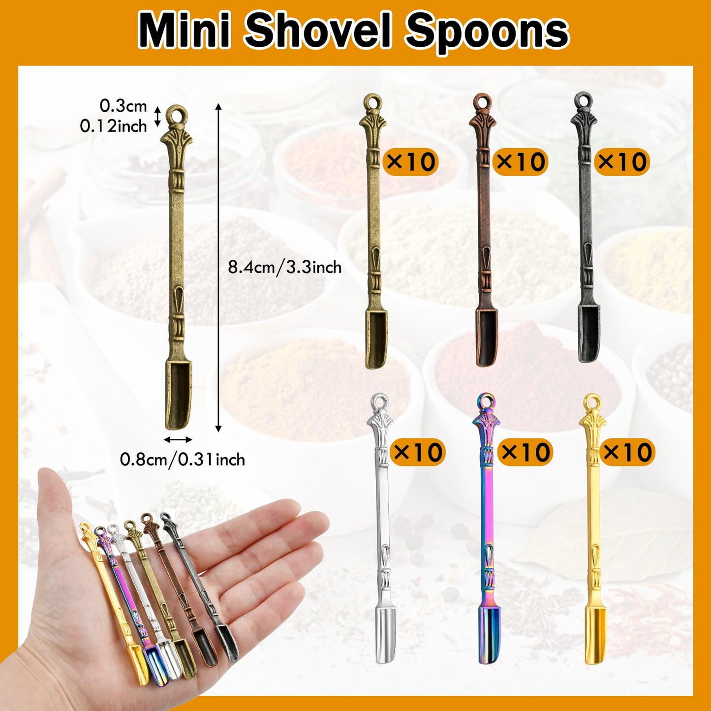 Boocalny 60Pcs Mini Shovel Spoons, 3.23 inch Metal Spices Power Scoop, Tiny Spoons for Powder, Mini Pendant Spoon for Measuring Spices, Herbs, Powder, Coffee, Sugar, DIY Craft (Muticolor)