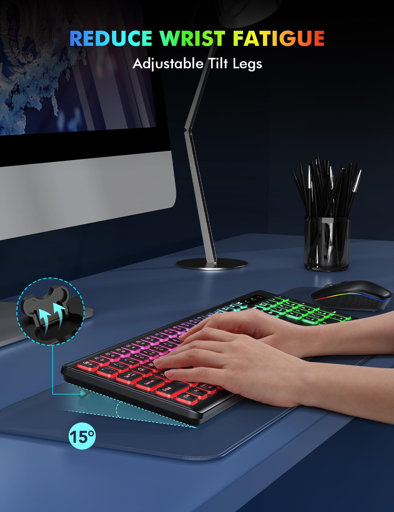 Wireless Keyboard and Mouse Backlight, USB-C Rechargeable & Light Up Keys, Full-size & Tilt Legs, Sleep Mode, 2.4GHz Silent Cordless Keyboard Mouse Combo for Mac OS/Windows/PC/Laptop- Black/QWERTY